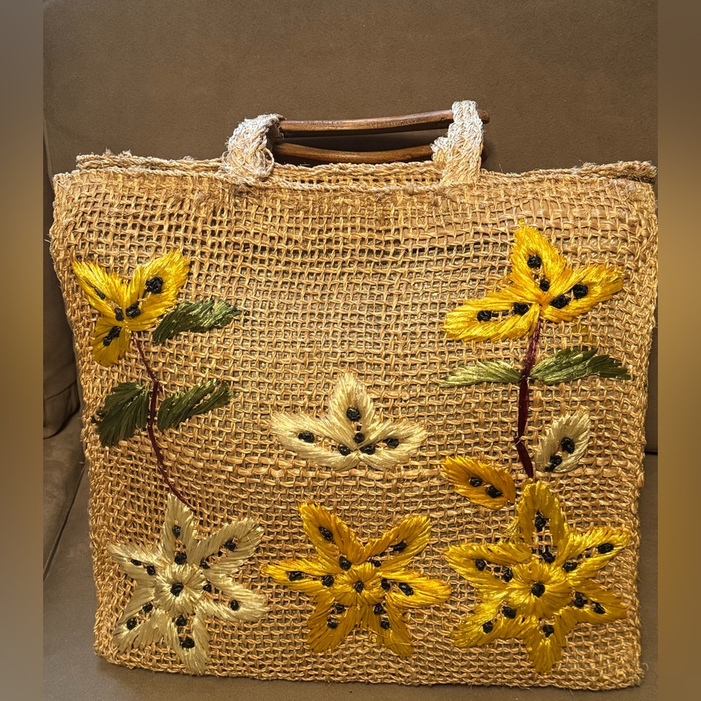 Vintage Handcrafted Yellow Floral Straw Tote Bag